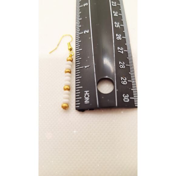 Long Dangle Seed Bead Earrings Set of  3 - Lime Green, White/Gold, Teal. - Picture 4 of 5